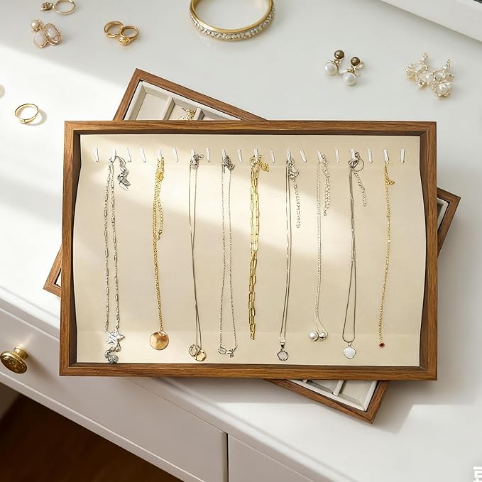 Large Jewelry Trays for Drawers Stackable Velvet Jewelry Display for Vendors Jewelry Drawer Organizer Inserts for Rings Necklace Bracelets Earrings and Studs Earrings (Beige, 20 Hooks)