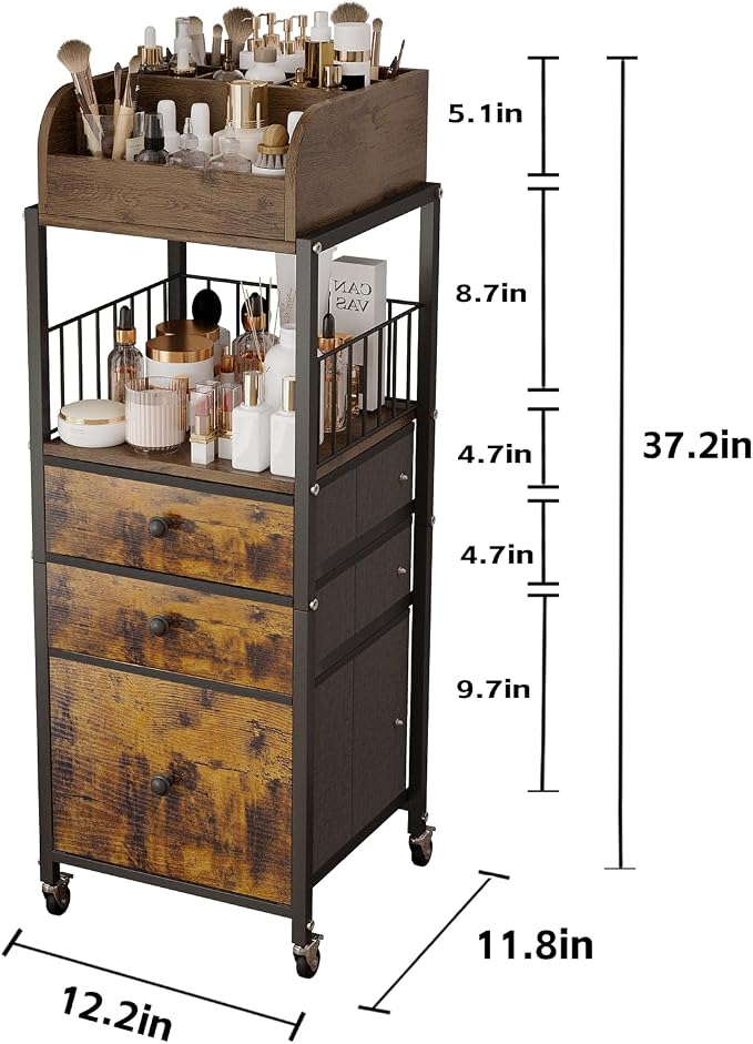 Makeup Organizer Cart with Drawers, Make up Organizers for Vanity, Floor Skincare Organizers- for Cosmetics, Nail Polish, Art Supply, Bathroom Vanity Desktop Organizer (Black)
