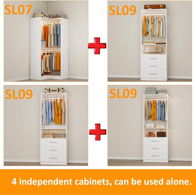 Closet System with 9 Wooden Drawers, 4.5-21.6FT L-Shaped Corner Closet Organizer System with 3 Shelves & 9 Expandable Hanging Rods, Modular Closet System for Walk in Closet, 2800+ Lbs,4 Sets