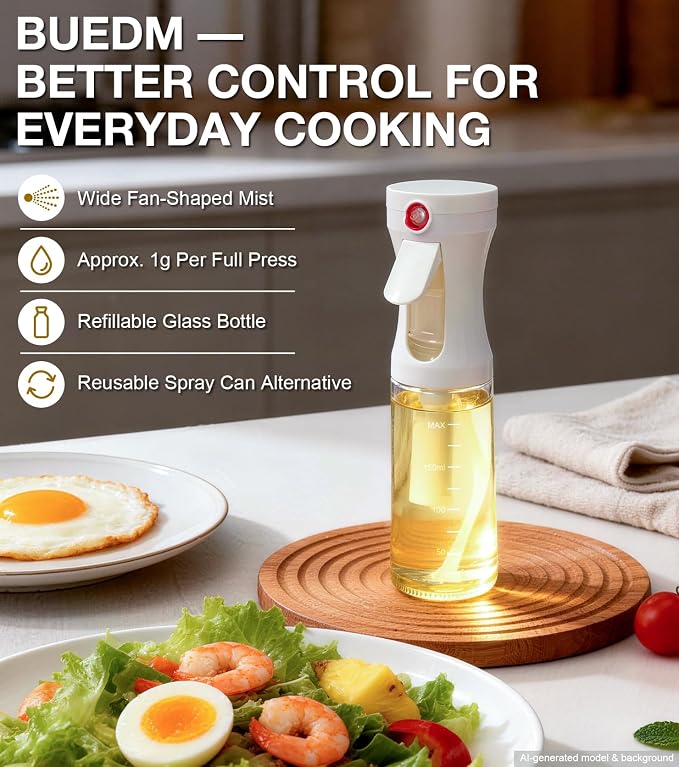 Oil Sprayer for Cooking, Olive Oil Sprayer, Approx. 1g Per Press (2) | Patented Spray Structure, Glass Bottle, Wide Fan Mist, Built-in Filter for Air Fryer, Salad, BBQ and Baking
