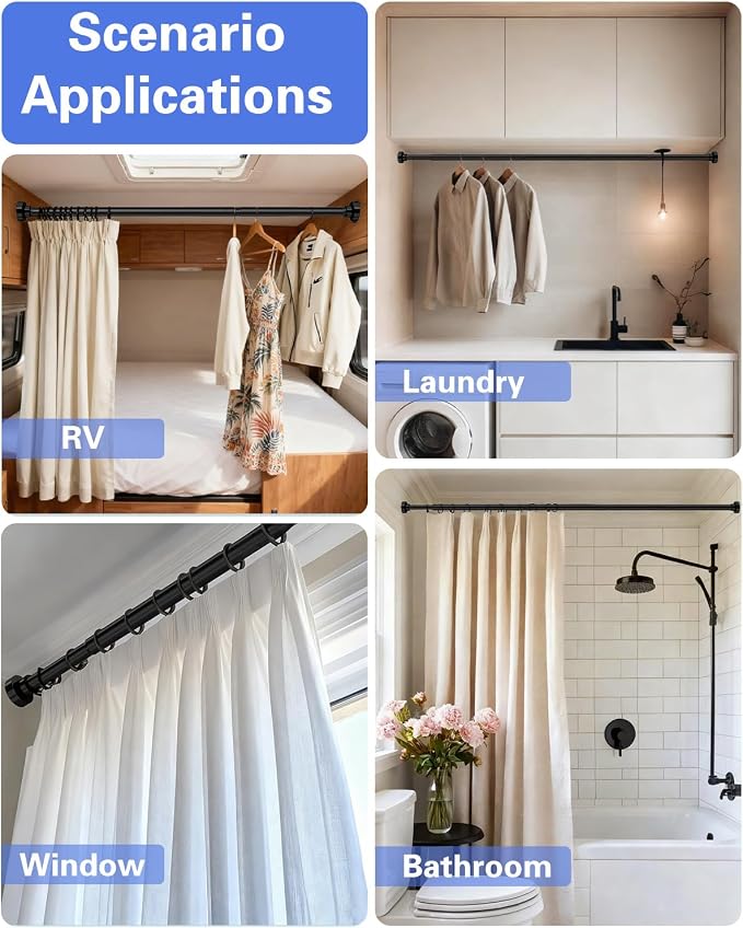Supforce No Drilling Closet Rods for Hanging Clothes, Non Slip Tension Rod with Heavy Duty Clothes Hanging Rod, 17-54 Inches Adjustable Spring Closet Rod for Closet Wardrobe Bathroom Laundry RV, Black