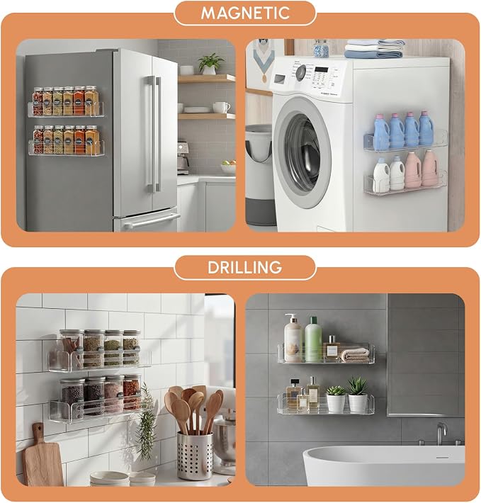 Novabright 2 Pack Magnetic Acrylic Spice Rack for Refrigerator, 11.8" Clear Fridge Shelf Organizer with Strong Magnetic Back, No-Drill Storage Holder for Spices, Kitchen, Pantry, Laundry Room