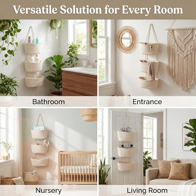 Over the Door Basket Organizer, 3 Tier Hanging Basket with Hooks | Woven Cotton Hanging Over Door Basket for Bedroom, Nursery, Bathroom, Apartment, White Hanging Storage Basket for Organizing