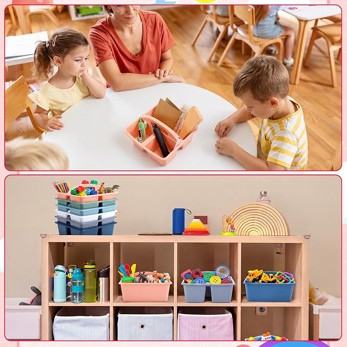 Potchen 12 Pack Caddy Organizer with Handle, Plastic Desk Storage Caddy Organizer with 3 Compartments Portable Caddies Holder for Table Desk Pencil Crayon Workshop Home Office Supplies
