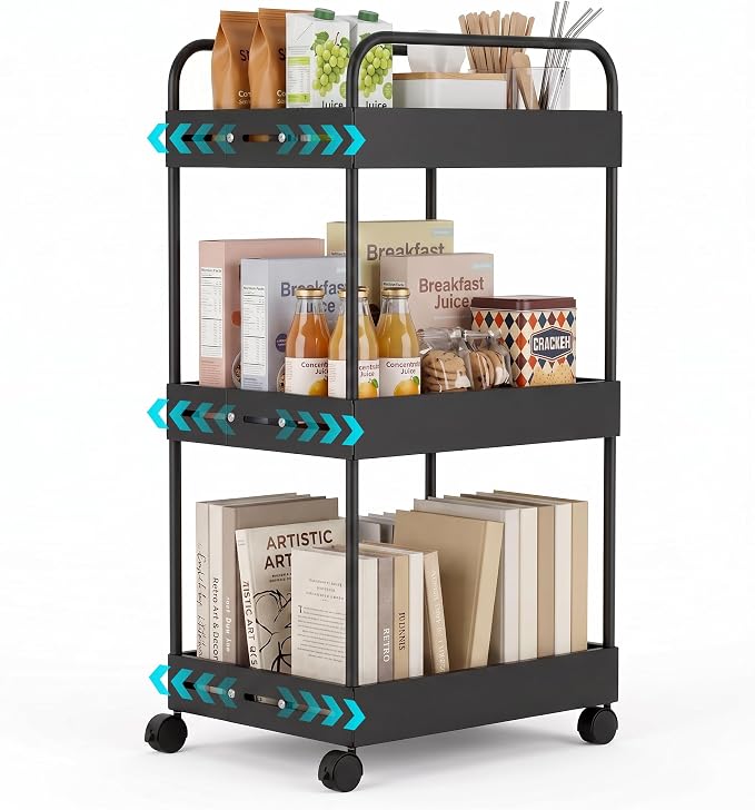 3 Tier Expandable Rolling Storage Cart, Rolling Utility Cart with Wheels | expandable adjustable width, sturdy metal frame, silent 360° wheels, storage for bathroom, kitchen, laundry & living room