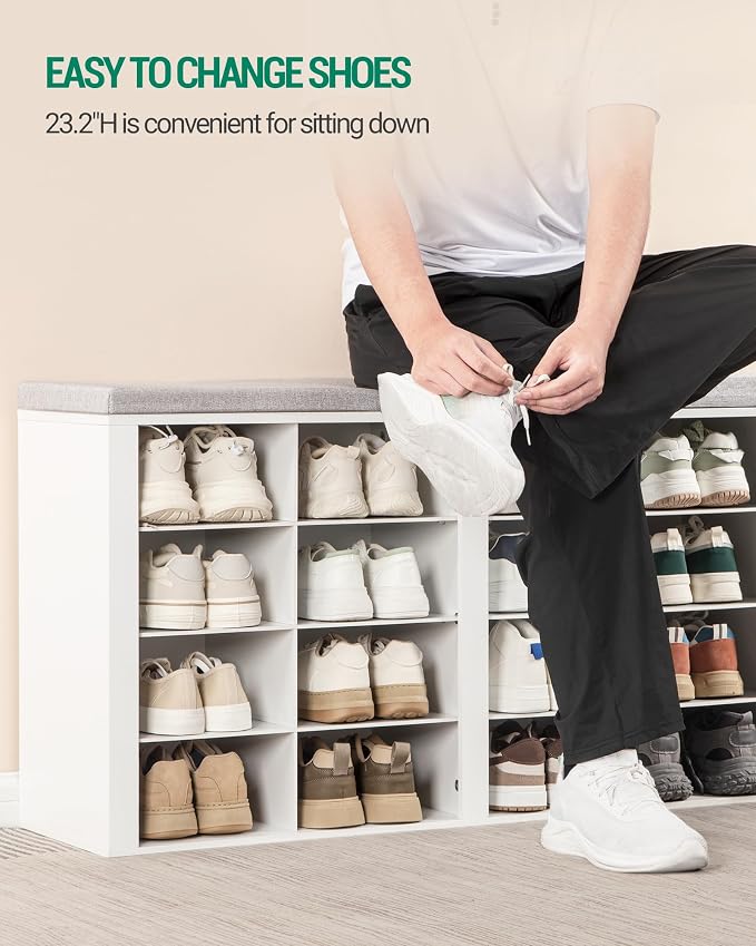 Hzuaneri Shoe Storage Bench, Entryway Shoe Rack with Cushion and Cubbies | entryway shoe rack bench cabinet with 16 cubbies and adjustable shelves for bedroom, living room, White SB25603GY