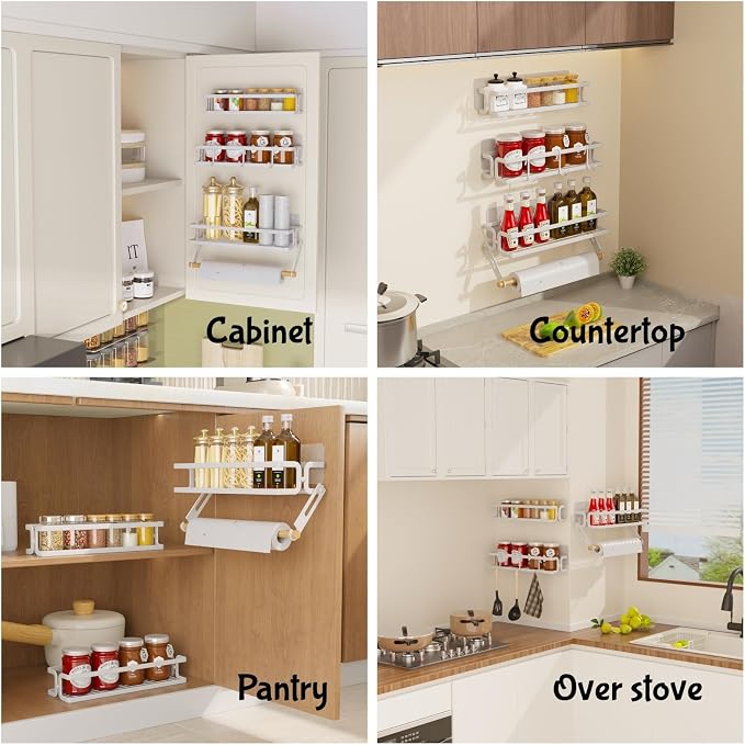 3 Pack Spice Rack Wall Mount, White | Paper Towel Holder and Hooks, Screw or Adhesive Hanging, Space Saving, For Stove, Cabinet, Pantry