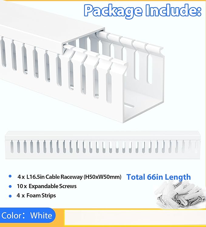 2" H x 2" W Cable Raceway, 66in Under Desk Wire Management Channel, White | Slotted Wire Duct, 4Pack, 16.5in Each, Heavy-Duty PVC Cable Management for Server Racks, Network Cables & Electrical Cabinets