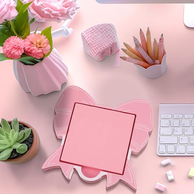 Pink Bow Sticky Note Holder Large Wood Notepad Dispenser 3 x 3 Sticky Notes Organizer Cute Self Stick Memo Pad Holder for Desk Office Back to School Gift, No Pads Included