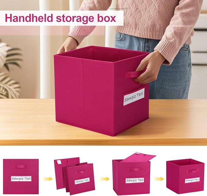 Fabric storage cubes (8 Pack) 11 Inch Cube Storage Bin, cube organizer bins with 8 Labels Window Cards & a Pen, Foldable cube organizer bins and Storage Box, Dark pink