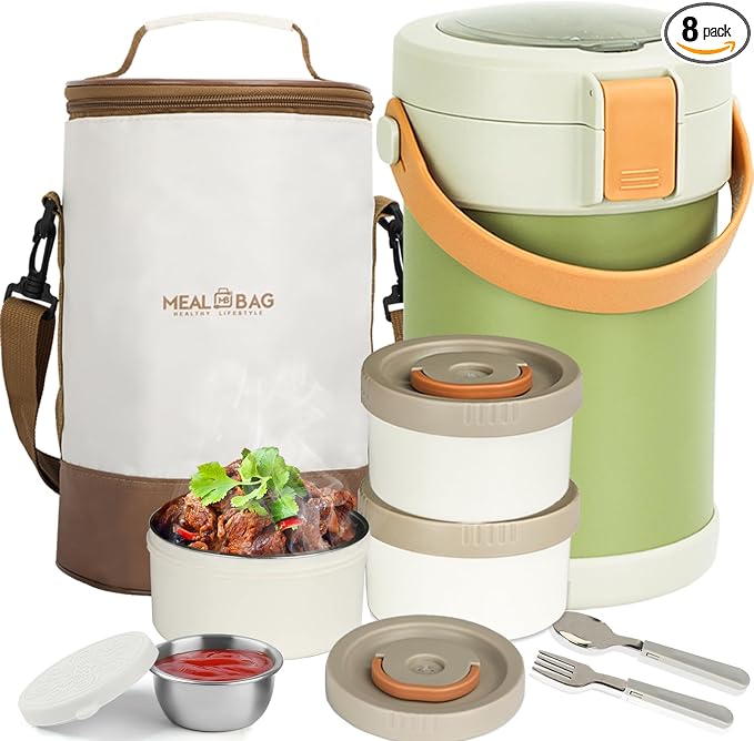 67oz/2L Thermo for Hot Food, 304 Stainless Vacuum Insulated Soup Thermo, Leakproof Thermal Lunch Box with 3 Stackable Bento Boxes & Leakproof Sauce Cups for Adults Office Travel Camping - Green