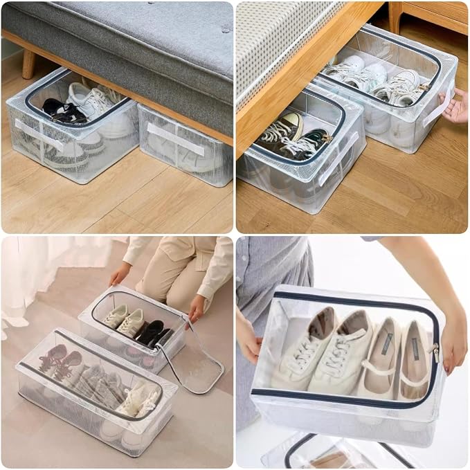 1 Pack Clear Shoe Storage Boxes for Boots Sneaker, 15.8" x 11.8" x 6" | Stackable Closet Organizer Bins, Lids, Metal Frame, Waterproof PVC Cloth