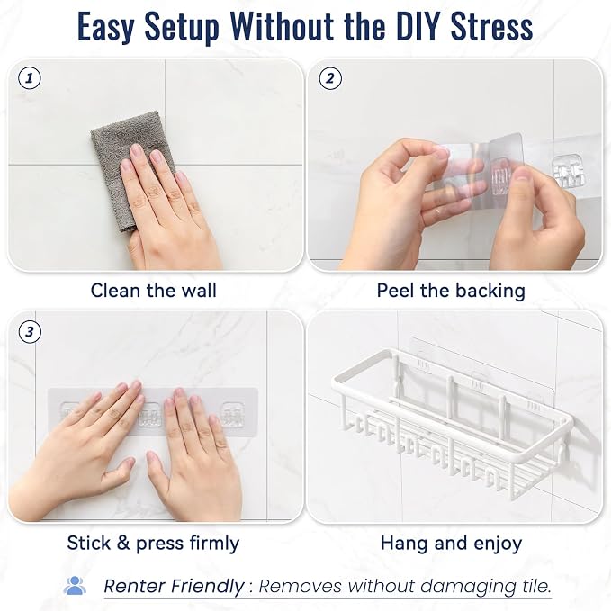 8 Pack Adhesive Rustproof Shower Caddy with Soap Dishes, Toothbrush Holder & Hooks, Large Capacity No-Drilling Shower Shelves Rack for Bathroom Organizers and Storage Accessories, White