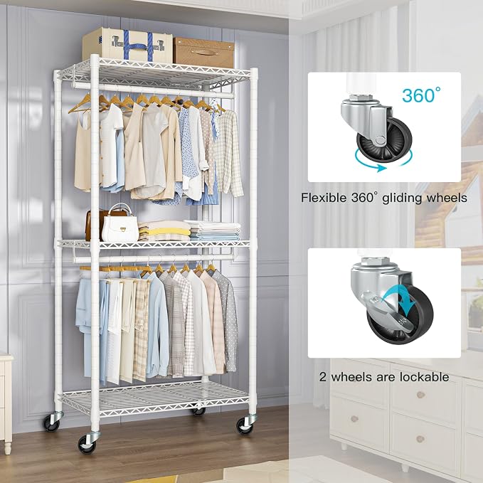 FUTASSI P1 Medium Heavy-Duty Portable Closet, 30" W x 14" D x 76" H, White | Metal Rolling Clothing Rack, Closet System with Wheels and Shelves for Hanging Clothes, Portable Wardrobe Organizer Storage