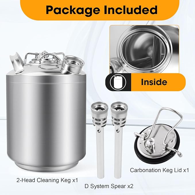 2.5 Gallon Beer Line Cleaner Keg, Keg Cleaning Kit with 2 D Spears for D Coupler, 304 Stainless Steel Kegerator Line Cleaning Kit, Keg Line Cleaning Kit with Handle Used for Beer Line Cleaning