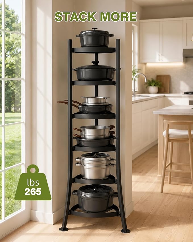 6-Tier Cast Iron Freestanding Pot Rack, 264 Lbs Capacity Cookware Storage Tower with 6 Hooks, Pot and Pan Organizer for Kitchen and Dining Room, Matte Black