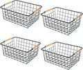 Wire Basket 4 Pcs Wire Storage Baskets Wire Baskets Organizing with Wooden Handles Wire Basket Pantry Organization and Storage Metal Wire Food Storage Basket for Kitchen, Cabinets (Black 4PCS)