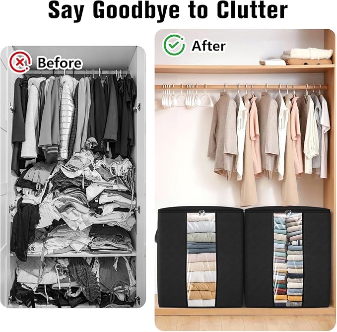 SpaceTrove Clothes Storage Bags, 10-Pack Comforter Blanket Organizers, 80L Large Capacity Containers with Visual Window for Clothing, Quilt, Sheet, Pillow, Closet Organization for Bedding (Black)