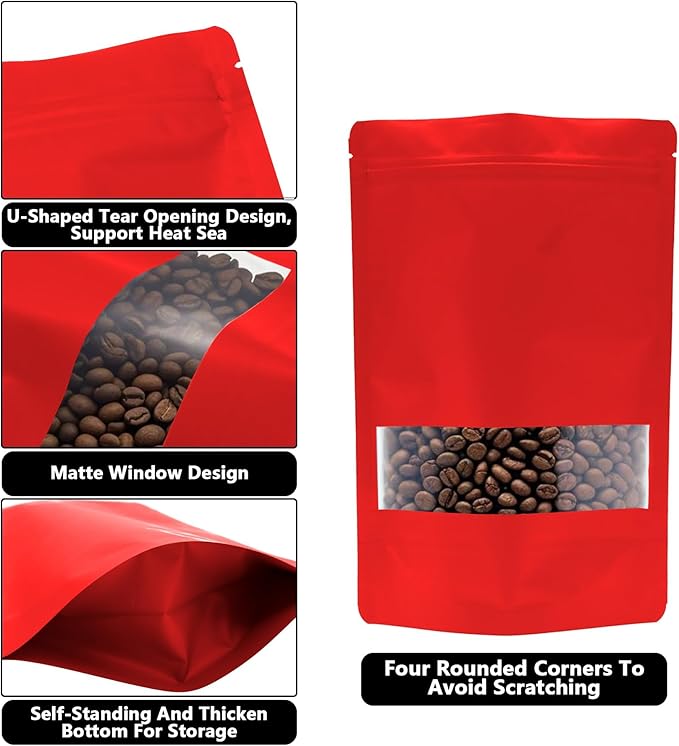 100PCS Foil Pouch Mylar Bags with Clear Window,ULIFESTAR Stand Up Sealable Bags with Tear Notches,Resealable for Food,Party Favors,Gift Packaging and Small Business(14 * 20cm/5.51 * 7.87",Red)