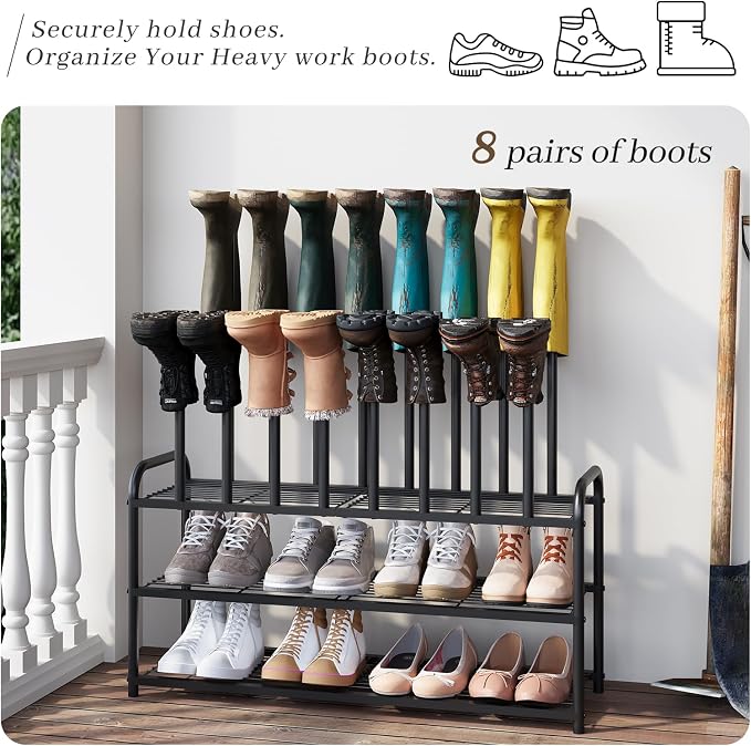Kitsanery Shoe Rack, 100% Metal Boot Rack Organizer for Entryway, Closet & Garage, Free Standing Shoe Shelf for Storage Tall Boots, Sneakers, Cowboy Boots, Black (Large - 8 Pairs)