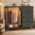 Cyclysio Storage Clothes Rack with 4 Drawers, Garment Rack with Charging Station & LED Lights, Fabric Chest Shelves Clothing Rack, Wooden Portable Wardrobe Closet