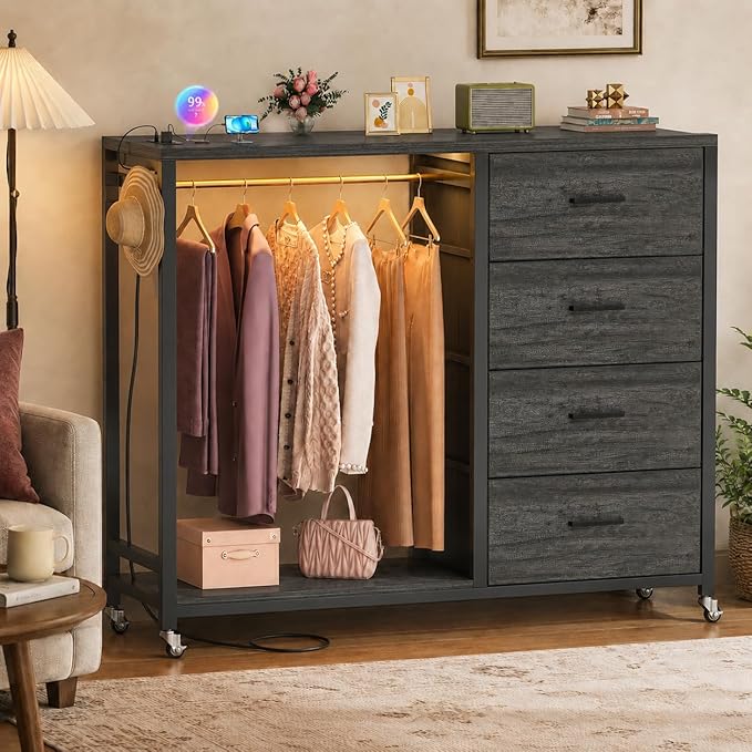Cyclysio Storage Clothes Rack with 4 Drawers, Garment Rack with Charging Station & LED Lights, Fabric Chest Shelves Clothing Rack, Wooden Portable Wardrobe Closet