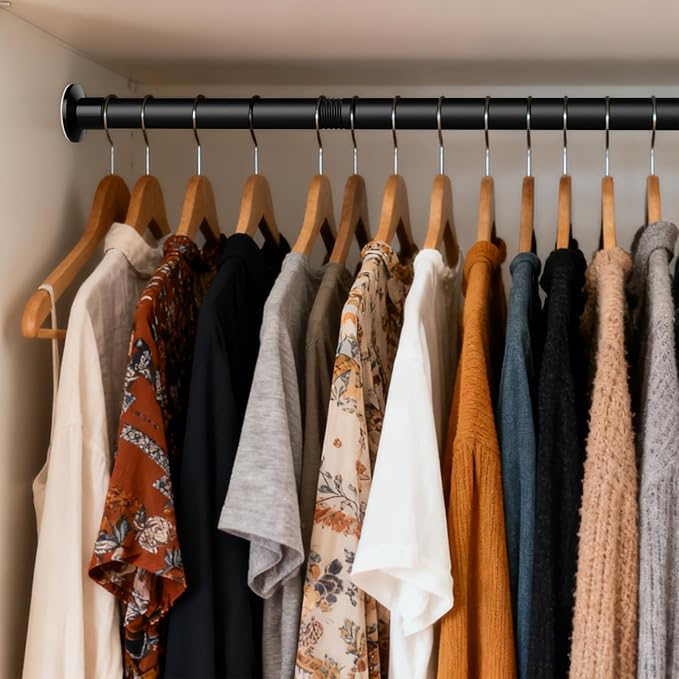 No Drilling Closet Rod, Adjustable Black Closet Rod, 28-98 Inches Heavy-Duty Closet Tension Rods for Hanging Clothes for Wardrobes, Closet, Laundry & Bathroom