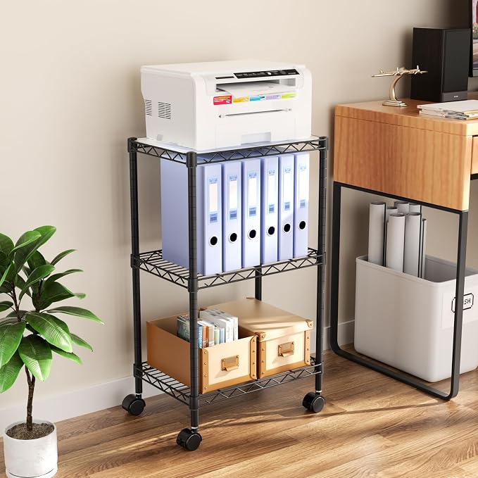 Golpart Small Shelves Storage Wire Metal Adjustable Shelf Unit with Wheels | 3 tier Shelving Organizers Storage Shelving for Bathroom Laundry Room Kitchen Pantry 11.7”D x 17.7”W x 30.7”H Black