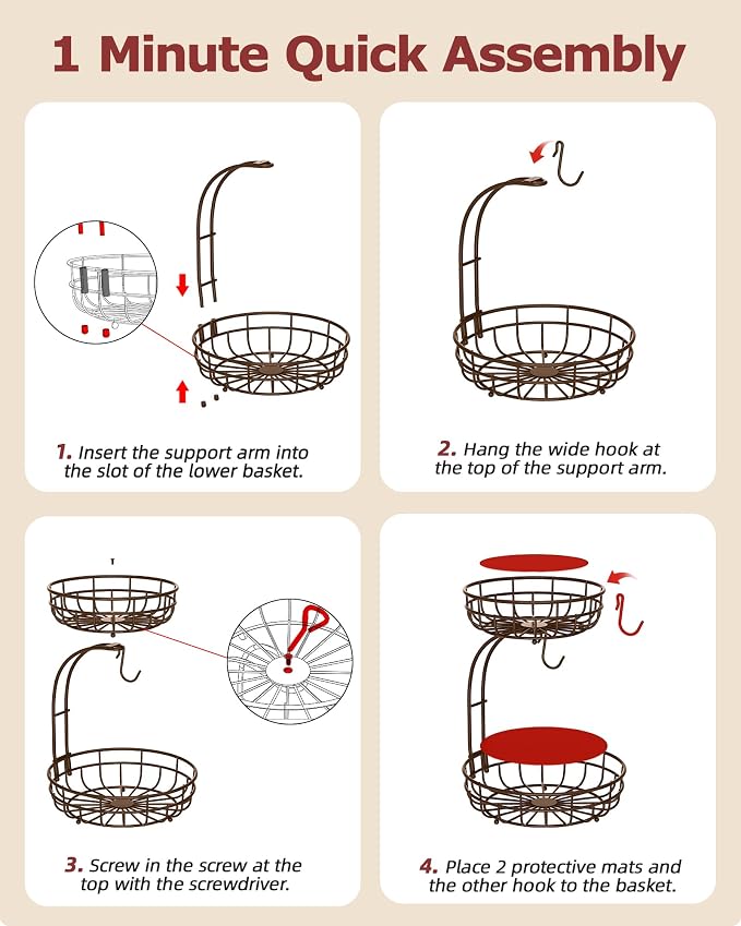 Sevenblue 2 Tier Modern Fruit Basket for Kitchen, Brown, Extra Large | Space-Saving Vertical Storage for Veggies, Bread, Snacks, Fits Under Cabinets, includes 2 banana hooks and protective mats