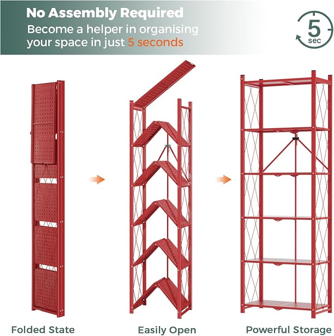 DEANIC 6-Shelf Folding Bookcase with Wheels, Heavy Duty Storage Shelves, Freestanding Metal Wire Shelving Unit for Living Room, Office, Kitchen, Basement, Pantry (Red 2 Pack)