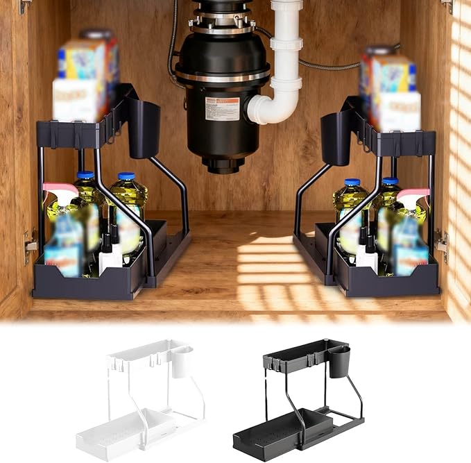 Under Sink Organizers and Storage, 2-Tier Sliding Cabinet Basket Organizer with Hooks, Multi-Purpose Under Sink Organizers and Storage for Bathroom Kitchen (Black, 1 PC)