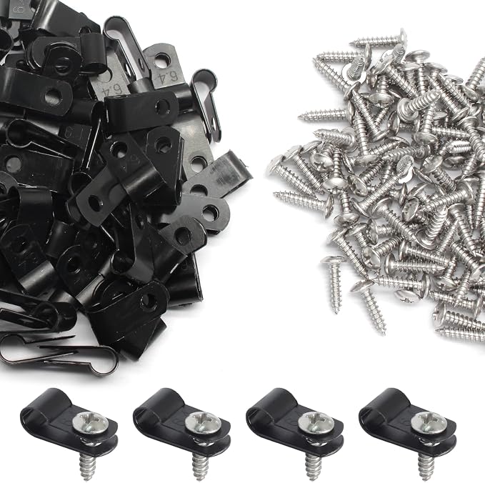 100 Pcs 1/8 Inch Black Nylon Cable Clip Wire Clamp | R-type, 3.3mm, Screw Mounting, Stainless Steel Screws Included, Wire Management