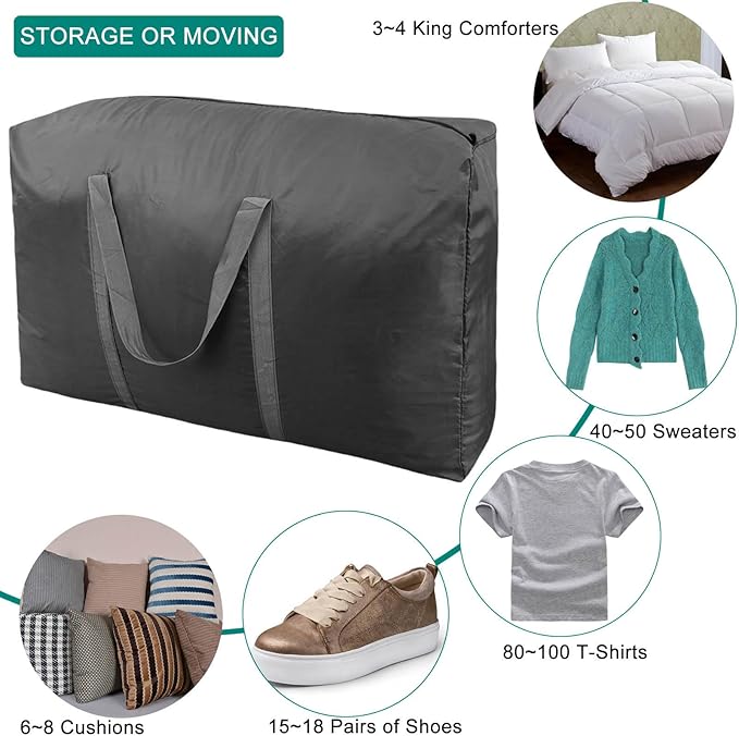 100L Extra Large Storage Bags, Big Moving Bags with Strong Zippers & Carrying Handles, Packing Bags for Moving, Storage, Travel and Camping, Storage Totes For Space Saving (Black, 4 Pack)