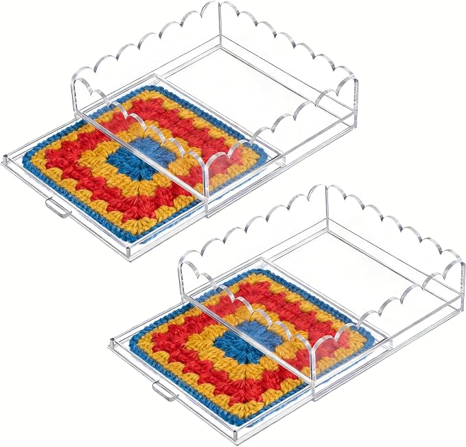2 Pcs Acrylic Tray with Insert, 5" x 5" Clear Acrylic Tray with Drawer, for Insert Needlepoint, Photos, Art, Fabric, Napkin, Messages Display Basket, Decorative Tray Gift for Home Office