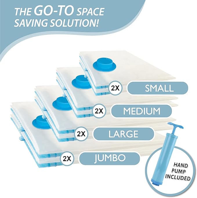 Cozy Essential Vacuum Storage Bags, 80% Compression Vacuum Seal Space Saver Plastic Packaging Bags for Clothes, Blankets, Pillow, Bedding, Comforters, Sealer Clothing Storage,8 Combo