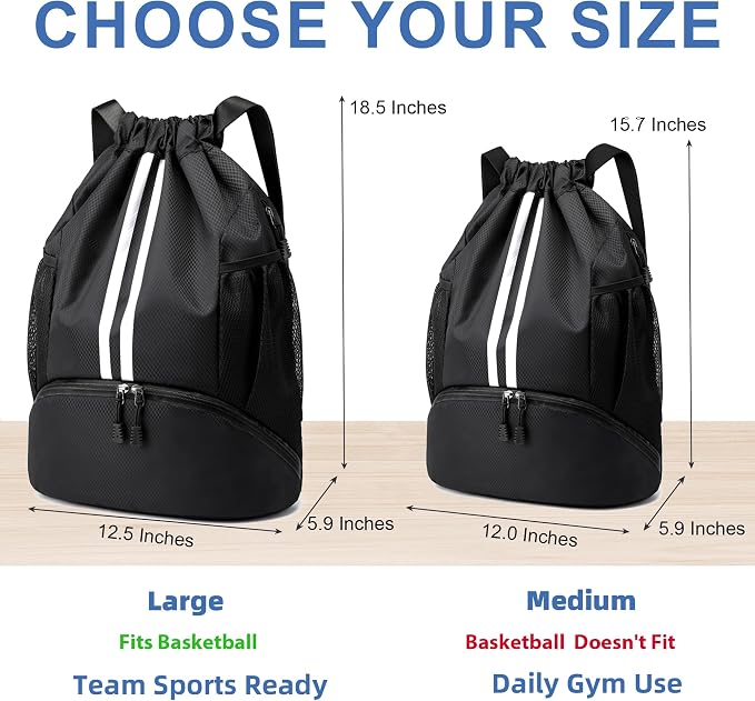 JELUTAR Drawstring Backpack Gym Bag with Shoes Compartment | Water-Resistant String Backpack for Soccer, Basketball, Swim, Beach Cinch for Women Men, 18L Large Capacity, Wet Pocket
