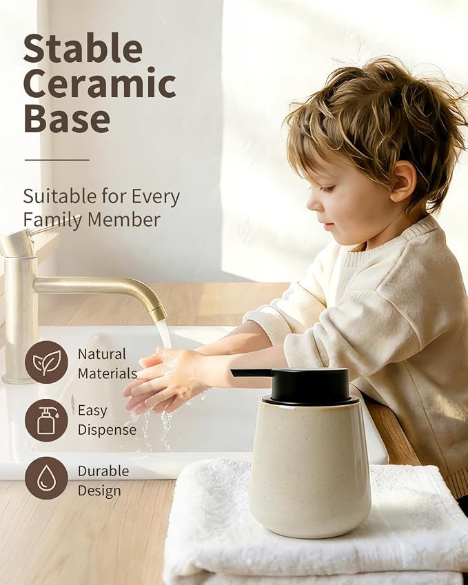 Bosilunlife 12Oz Ceramic Foam Soap Dispenser for Bathroom Kitchen Counter | Premium countertop foam pump creates delicate dense foam, stable desktop placement, Greige with Speckle