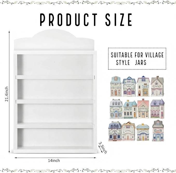 Chunful Vintage Spice Jar Wooden Rack White Elegant Spice Shelf for 24 Jars, Village Style Wall Mounting Kitchen Storage Decorative Hanging Display Rack, Shelf Only