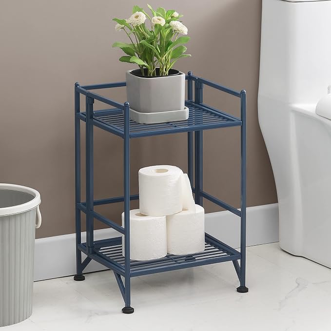 Convenience Concepts Xtra Storage Shelves - 2 Tier Folding Metal Organizer Shelf for Office, Closet, Laundry Room, Garage, Kitchen, Bathroom, & Bedroom, No Tools Assembly, Cobalt Blue