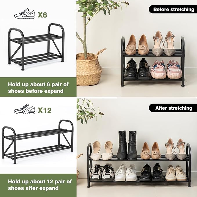 2-Tier Shoe Rack for Closet, 16"-32" Expandable Shoe Rack, Adjustable for Entryway Closet Doorway Sturdy Metal, Black