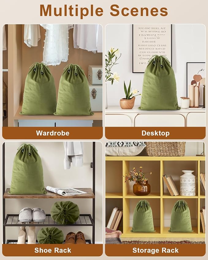 4 Pcs Shoe Bags for Travel, Dust Velvet Bags, Sage Green, 17.3x12.6 Inch | Washable & Reusable Travel Shoe Bags, Dustproof Shoe Bags with Drawstring Closure, Suitable for Travel, Home Storage