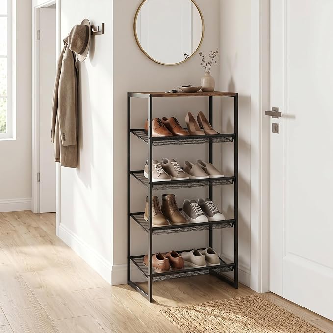 Shoe Rack for Entryway,，5 Tier Shoe Storage Organizer，Sturdy Shoe Shelf,Boot Rack with a Fine Mesh Shelves，for Living Room, Hallway，Small Space,11.8 x 16.5 x 27.9 Inches,Brown