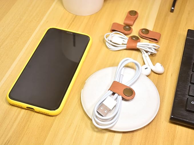 CAILLU Leather Cord Organizer,Cable Ties for Earbuds,Cord Keeper for Travel | Cable Organizer for Earbuds,Headphone Wrap,Button Snap Closure for USB Cord Holder,Desk,Pocket,Stocking Stuffers for Men Gift