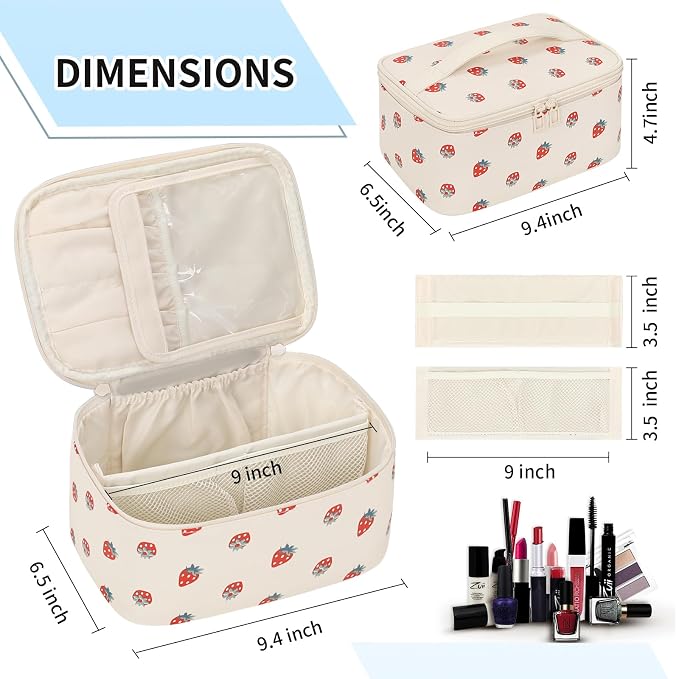 OCHEAL Makeup Bag,Travel Makeup Organizer Bag, Large Capacity Cosmetic Bags For Women Large Travel Toiletry Bag Girls Traveling With Brush Slot And Divider-PU Strawberry