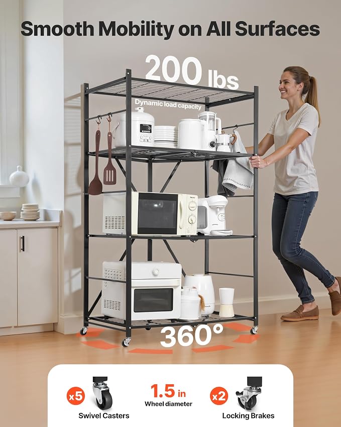 VEVOR 4-Tier Foldable Storage Shelf, 36W x 21D x 60H Inch Folding Metal Rack Shelving Unit, No Assembly Organizer Shelf with 5 Wheels & 4 Hooks for Pantry, Kitchen, Garage, Basement, Black