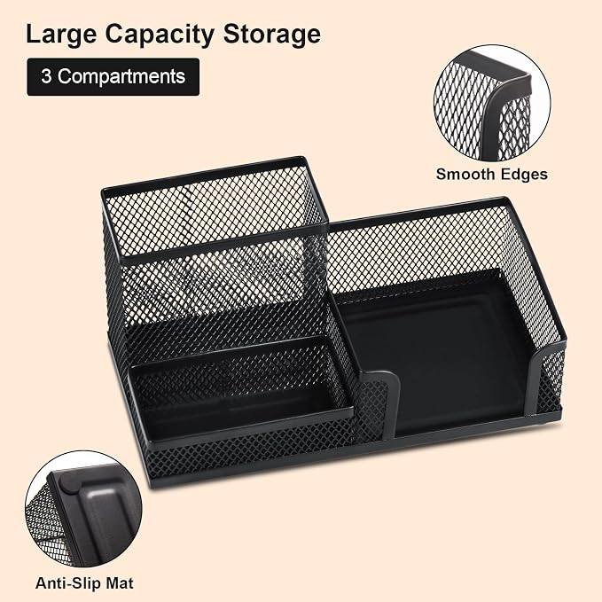 Comix Mesh Pen Pencil Holder Desk Organizer, 3 Compartment Wire Desktop Pen Pencil Cup Caddy Office Supplies Sticky Notes Holder for Home Office School, Black
