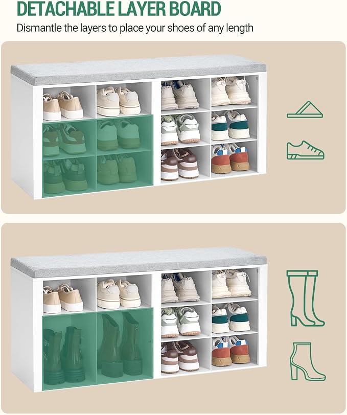 Hzuaneri Shoe Storage Bench, Entryway Shoe Rack with Cushion and Cubbies | entryway shoe rack bench cabinet with 12 cubbies and adjustable shelves for bedroom, living room, White SB19003GY