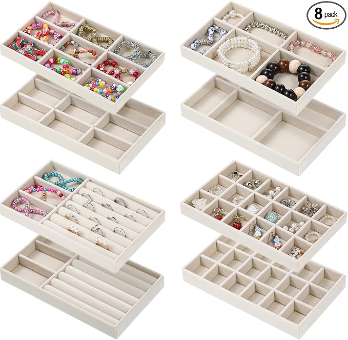 8 PCS Velvet Jewelry Trays, Stackable Jewelry Organizer Trays for Drawer | Multi Grid Earring Tray for Storing Necklaces, Rings, Earrings, Dressing Tables and Drawers-4 Styles, 8.3 x 4.9 Inch