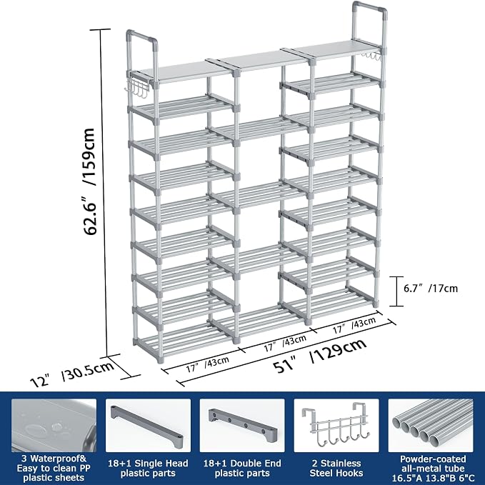 Mavivegue 9 Tiers Tall Shoe Organizer - Vertical Shoe Shelf for 50-55 Pairs, Stackable Racks for Entryway, Closet, Garage - Grey