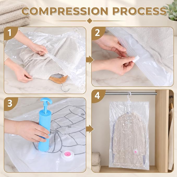6 Pcs Clear Hanging Vacuum Seal Bags for Clothing 43.3" x27.6" | Reusable Compressed Space Saver Vacuum Storage Bags Vacuum Seal Storage Bag for Closet Organizer Suits Coats Jackets Dress